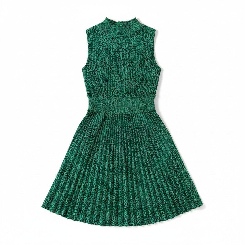 NANETTE LEPORE Womens Pleated Animal Print Smocked Mock Neck Midi Dress Green